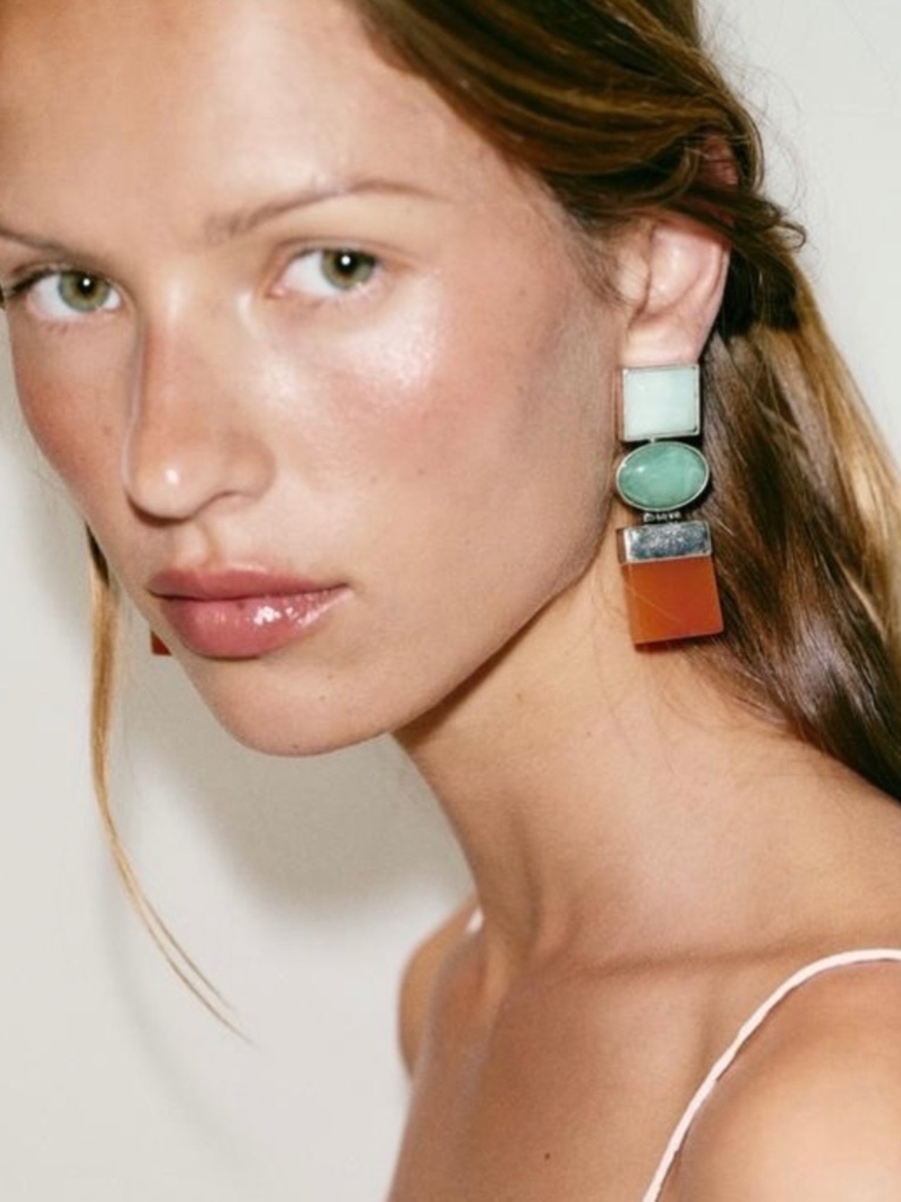 Zara Triple Geometric Silver Metal Resin Colorful Dangly Earrings Blue Orange